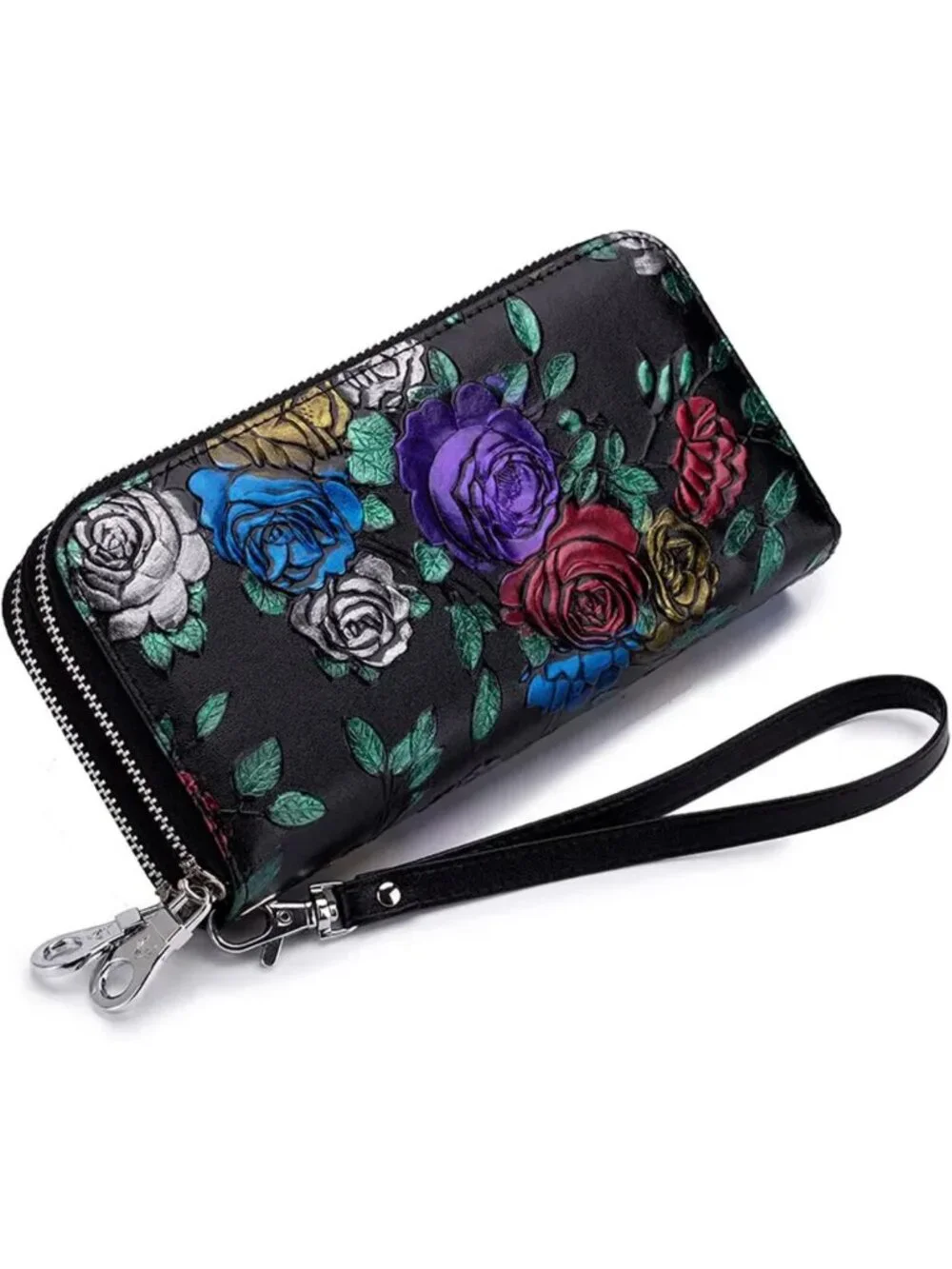 Floral Hand-Painted Leather Double Zipped Wallet Wristlet, RFID Blocking Clutch